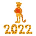 Happy Chinese New Year Tiger 2022 poster. Cartoon funne cute happy Tiger with gift box. Vector illustration