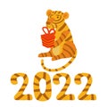 Happy Chinese New Year Tiger 2022 poster. Cartoon funne cute happy Tiger with gift box. Vector illustration
