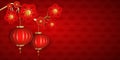 Happy Chinese New Year. Wealthy, elegant template with blooming flowers and hanging lantern on a red background with pattern of