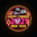 Happy Chinese New 2021 Year of white bull greeting card design in neon style. Vector illustration red and gold colors Royalty Free Stock Photo