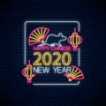 Happy Chinese New 2020 Year of white rat greeting card design in neon style. Zodiac sign for banner, flyer, invitation Royalty Free Stock Photo