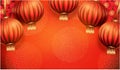 Happy Chinese New Year written in Hanzi on spring couplet with red lanterns and bokeh glittering background