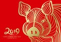 Happy Chinese new year 2019 and year of pig card with Gold head pig abstract line on red background vector design Royalty Free Stock Photo