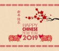 Happy Chinese New Year 2019 year of the pig. Chinese characters mean Happy New Year, wealthy, Zodiac sign for greetings card, flye Royalty Free Stock Photo