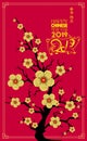 Happy Chinese New Year 2019 year of the pig. Chinese characters mean Happy New Year, wealthy, Zodiac sign for greetings card, flye Royalty Free Stock Photo