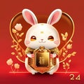 Happy Chinese New Year , Year of the Rabbit. Cute cartoon character with golden frame on red background. Generative AI Royalty Free Stock Photo