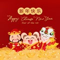 Happy Chinese New Year, year of the rat, Chinese characters mean Happy New Year, cute rat, god of wealth and boy celebrate on pile Royalty Free Stock Photo