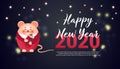 Happy Chinese New Year 2020 year of the rat. Cute rat hold surprise gifts on gradient dark background