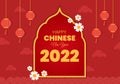 Happy Chinese New Year 2022 with Zodiac Cute Tiger and Flower on Red Background for Greeting Card, Calendar or Poster in Flat Royalty Free Stock Photo