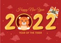 Happy Chinese New Year 2022 with Zodiac Cute Tiger and Flower on Red Background for Greeting Card, Calendar or Poster in Flat Royalty Free Stock Photo