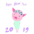 Happy chinese new year 2019 Zodiac sign Year of the pig. Lovely pig with flowers. Vector illustration Royalty Free Stock Photo