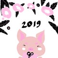 Happy chinese new year 2019 Zodiac sign Year of the pig. Lovely pig with flowers. Vector illustration Royalty Free Stock Photo