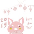 Happy chinese new year 2019 Zodiac sign Year of the pig. Lovely pig with flowers. Vector illustration Royalty Free Stock Photo