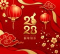 Happy Chinese year of the rabbit 2023, The Chinese characters title Happy new year Chinese lantern, flower, cloud, greeting card