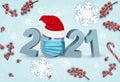 Happy Chistmas and New Year background and 2021 with a protective face mask. Face mask for covid-19 coronavirus.