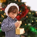 Happy, Christmas and boy child with gift for celebration or surprise at festive party at home. Smile, santa hat and cute Royalty Free Stock Photo
