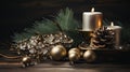 Happy Christmas Card Design - Gold Candles and Fir cone Festive Background