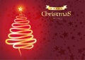 Happy Christmas card with golden tree and glittering star red background