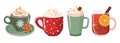 Happy Christmas cartoon hot drinks. Winter Holiday mugs with hot chocolate, cocoa or coffee, and cream Royalty Free Stock Photo