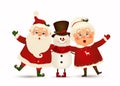 Happy Christmas companions. Vector cartoon character of Santa Claus, funny snowman and his wife isolated. Christmas Royalty Free Stock Photo