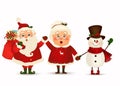 Happy Christmas companions. Vector cartoon character of Santa Claus, funny snowman and his wife isolated. Christmas Royalty Free Stock Photo