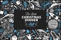 Happy Christmas Dinner design template. Vector hand drawn illustrations on chalk board. Greeting Christmas card in retro style. F Royalty Free Stock Photo