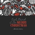 Happy Christmas Dinner design template. Vector hand drawn illustrations on chalk board. Greeting Christmas card in retro style. F Royalty Free Stock Photo