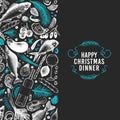 Happy Christmas Dinner design template. Vector hand drawn illustrations on chalk board. Greeting Christmas card in retro style. F Royalty Free Stock Photo