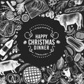 Happy Christmas Dinner design template. Vector hand drawn illustrations on chalk board. Greeting Christmas card in retro style. F Royalty Free Stock Photo