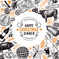 Happy Christmas Dinner design template. Vector hand drawn illustrations. Greeting Christmas card in retro style. Frame with Royalty Free Stock Photo