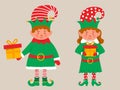 Happy Christmas Elf holding gift  green costume season holiday  vector Royalty Free Stock Photo