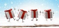 Happy christmas gifts jumping with thumbs up. cartoon figure with snow outdoor 3d-illustration Royalty Free Stock Photo