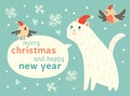Happy Christmas and Happy New Year card with cute cats and birds in Santa hat Royalty Free Stock Photo