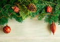 Happy Christmas and New year. Christmas decorations toys gifts fir branches on wooden background Royalty Free Stock Photo