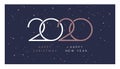 Happy Christmas and Happy New Year 2020! Elegant rose gold text, snow, and beautiful 2020 logo on dark blue background - vector Royalty Free Stock Photo