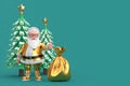 Happy Christmas and New Year Greeting Concept. Cartoon Cheerful Santa Claus Granpa Giving Thumb Up near Golden Gift Bag and New Royalty Free Stock Photo