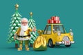 Happy Christmas and New Year Greeting Concept. Cartoon Cheerful Santa Claus Granpa Giving Thumb Up near Golden Gift Bag, Yellow Royalty Free Stock Photo