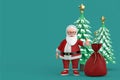 Happy Christmas and New Year Greeting Concept. Cartoon Cheerful Santa Claus Granpa Giving Thumb Up near Red Gift Bag and New Year Royalty Free Stock Photo