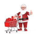 Happy Christmas and New Year Greeting Concept. Shopping cart with Discount Cubes and Cartoon Cheerful Santa Claus Granpa Giving Royalty Free Stock Photo