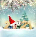 Happy Christmas and New Year holiday background with colorful presents and Santa hat. Royalty Free Stock Photo
