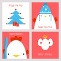 Happy Christmas and New Year Set of card with cute rooster, egg, tree and gift.