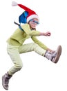 Happy Christmas Santa girl or traveler running, jumping and hurrying up Royalty Free Stock Photo