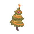 Happy Christmas Tree Cartoon Character with Star on Top, Symbol of Xmas and New Year Holidays Cartoon Style Vector Royalty Free Stock Photo