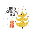 Happy Christmas tree cute print. Winter funny background.