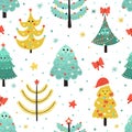 Happy Christmas trees seamless pattern. Funny background Royalty Free Stock Photo