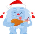 Happy Christmas Yeti Bigfoot Cartoon Character With Christmas Gift Leg Meat
