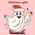 Christmas ghost wearing santa claus hat. Groovy retro vector illustrtration.