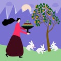 Happy chuseok in cartoon style on purple background. Autumn harvest holiday background. Thanksgiving day. Korean holiday - chuseok
