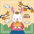 Happy chuseok celebration with rabbit lifting gift and branches trees Royalty Free Stock Photo