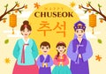 Happy Chuseok Day Vector Illustration of Korean Thanksgiving Event with kids Wearing Hanbok on Autumn Evening Background